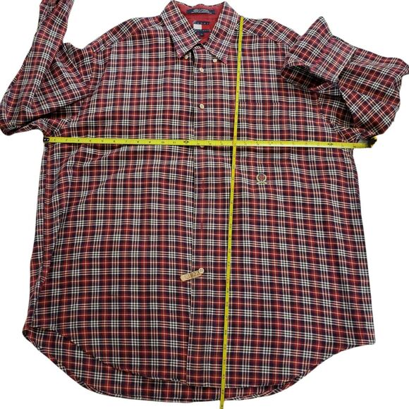 VINTAGE Tommy Hilfiger SIZE L Button Down Shirt Mens Red Plaid Crest Preppy - Picture 5 of 7